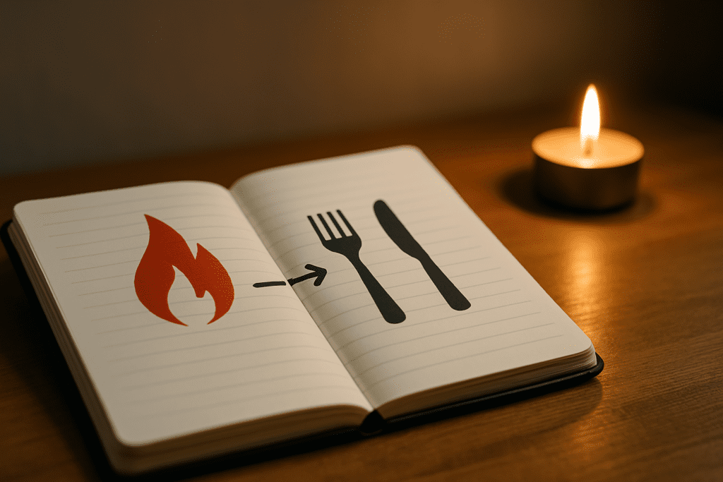 The photograph features an open notebook centered on a wooden table, with a softly glowing tealight candle in the background to the right. The notebook displays a two-column diagram, with a red flame symbol on the left and fork-and-knife icons on the right, surrounded by warm, soft lighting from the candle that creates a cozy, blurred atmosphere.