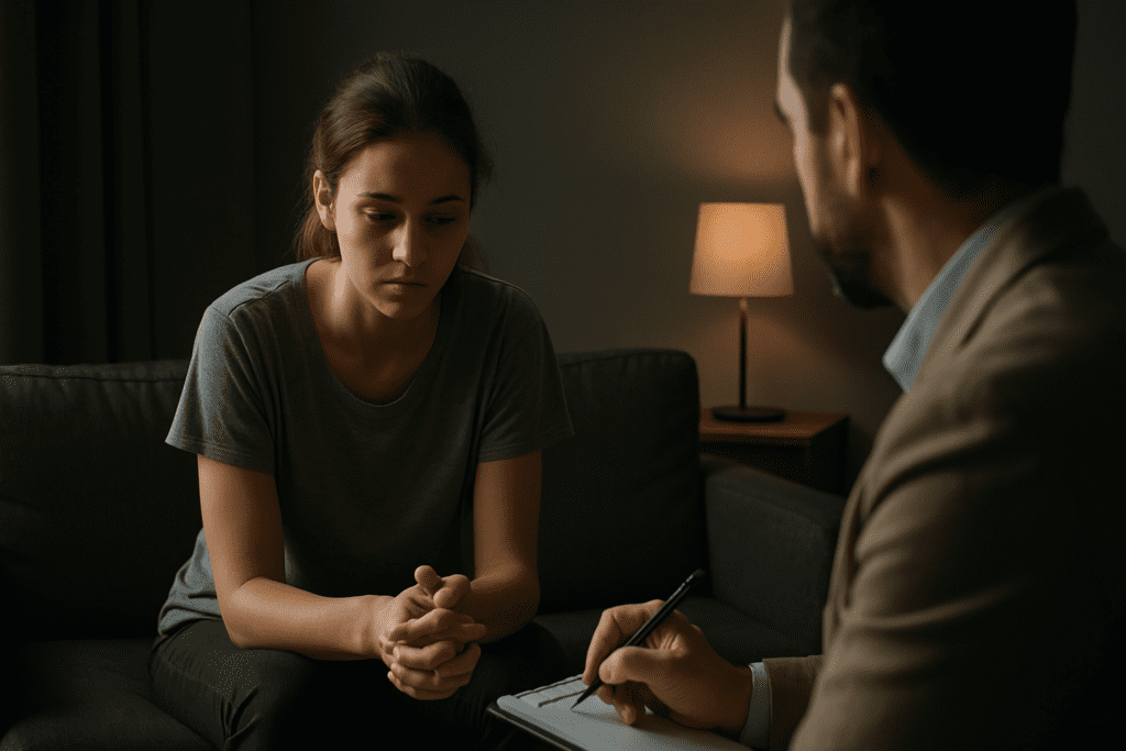 The image depicts a therapy session in a softly lit room where a young woman sits on a dark gray couch, leaning forward with her hands gently clasped. Across from her, her therapist is out of focus, dressed in a beige blazer, attentively taking notes under the warm glow of a table lamp, with shadows creating a mood of quiet introspection and emotional depth.