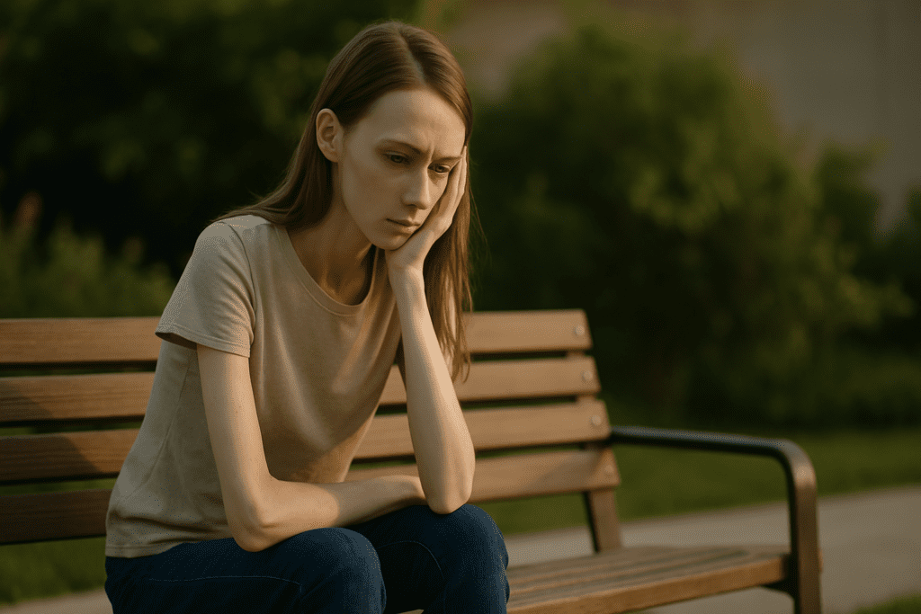 A young woman sits alone on a wooden park bench in a serene outdoor setting, surrounded by blurred greenery. Her contemplative posture and the warm glow of late-afternoon sunlight highlight a moment of quiet reflection, conveying themes of solitude and introspection related to recovery.