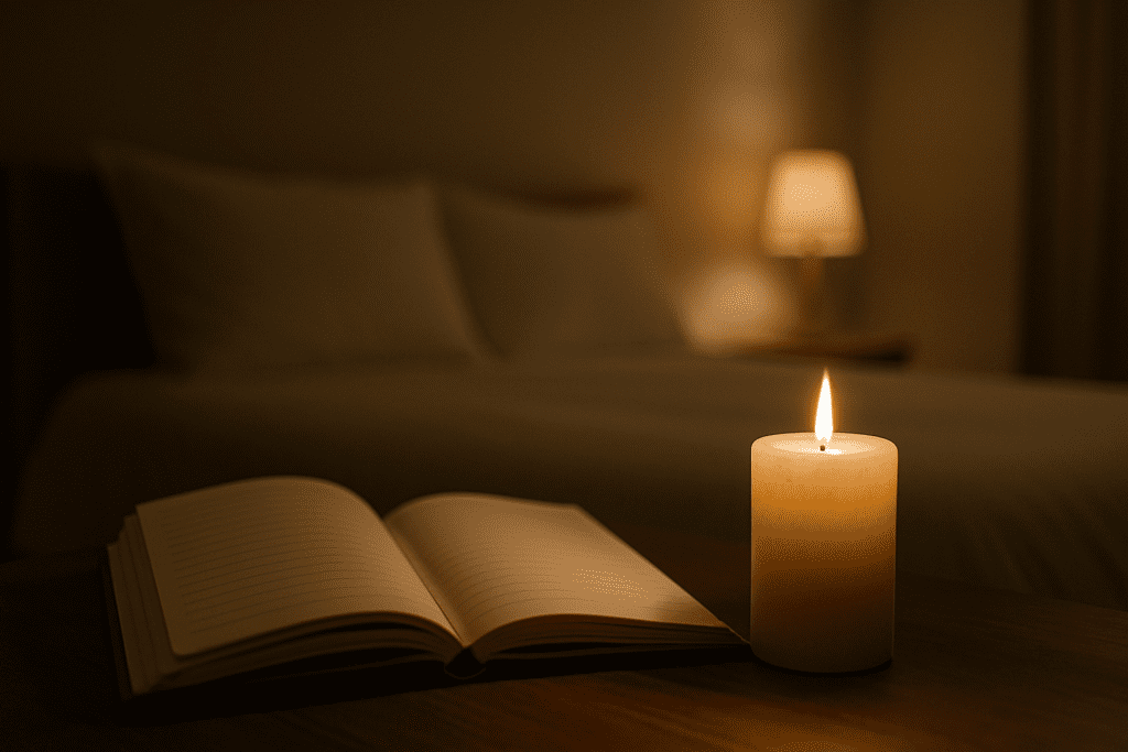 A dimly lit bedroom at night, featuring a wooden surface with a flickering candle beside an open notebook. The warm glow of the candle illuminates the textured pages, evoking a cozy, reflective atmosphere that symbolizes journaling and emotional processing in the context of healing.