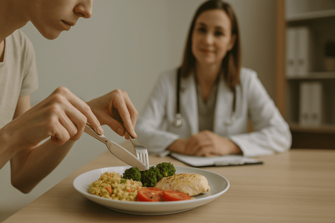 A clinical meal therapy session shows a close-up of a woman’s hands using a fork and knife to eat a balanced meal of grilled chicken, broccoli, rice, and tomatoes. The background, slightly blurred, includes a dietitian attentively observing, emphasizing the supportive and structured environment promoting recovery.