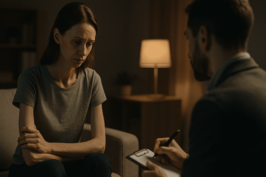 A young woman sits across from a male therapist in a softly lit office during a counseling session. Her introspective expression, framed by the warm, ambient light, highlights an intimate moment of reflection and dialogue, reinforcing the importance of professional support in the recovery process.
