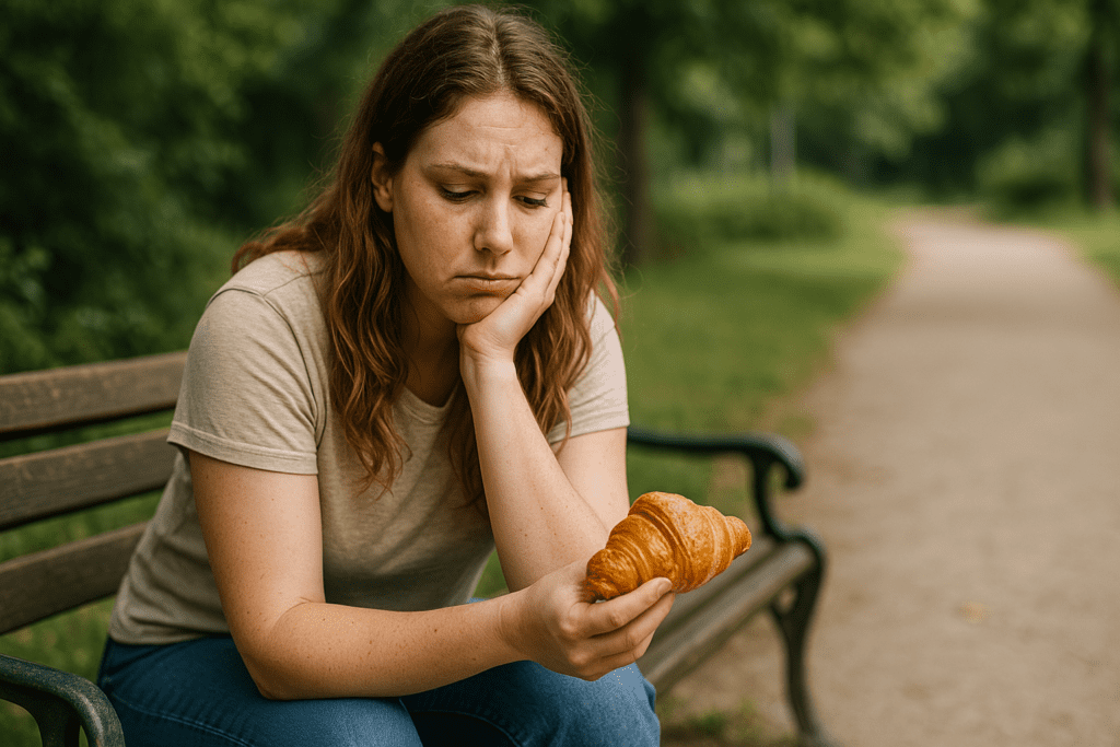 A young woman with light brown, wavy hair sits on a weathered park bench during the day, holding a croissant while looking down with a serious expression. The background features lush greenery with soft sunlight filtering through the trees, reflecting a mood of quiet reflection.