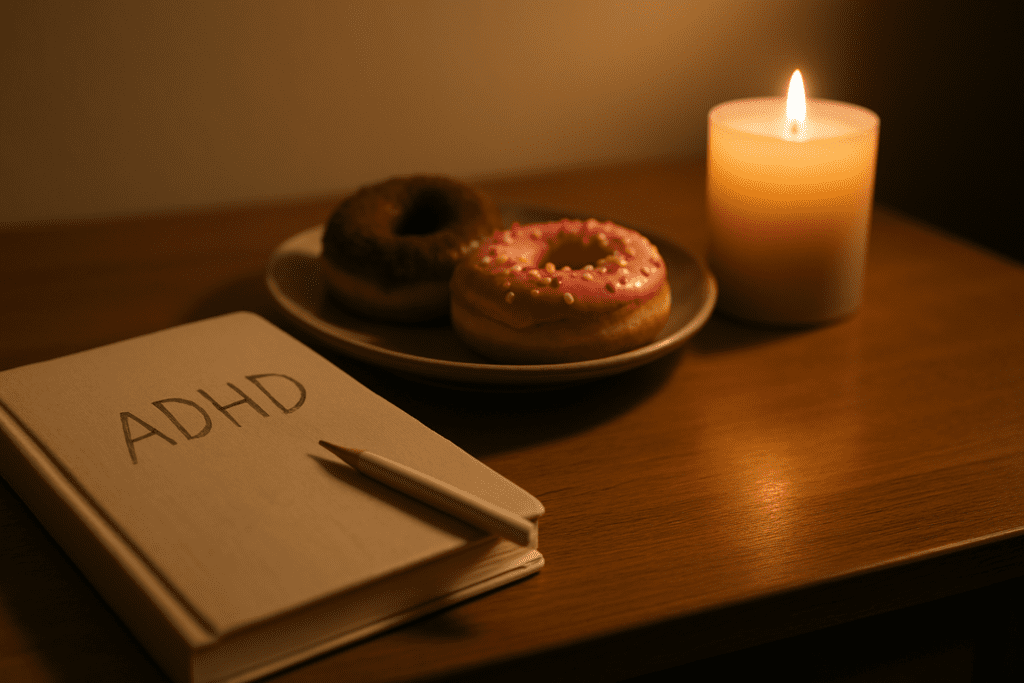 A close-up of a beige journal with "ADHD" written on the cover sits next to a white pencil and a plate with two colorful donuts. A lit candle casts a warm glow on the wooden surface, creating a cozy, contemplative atmosphere with soft, neutral tones.