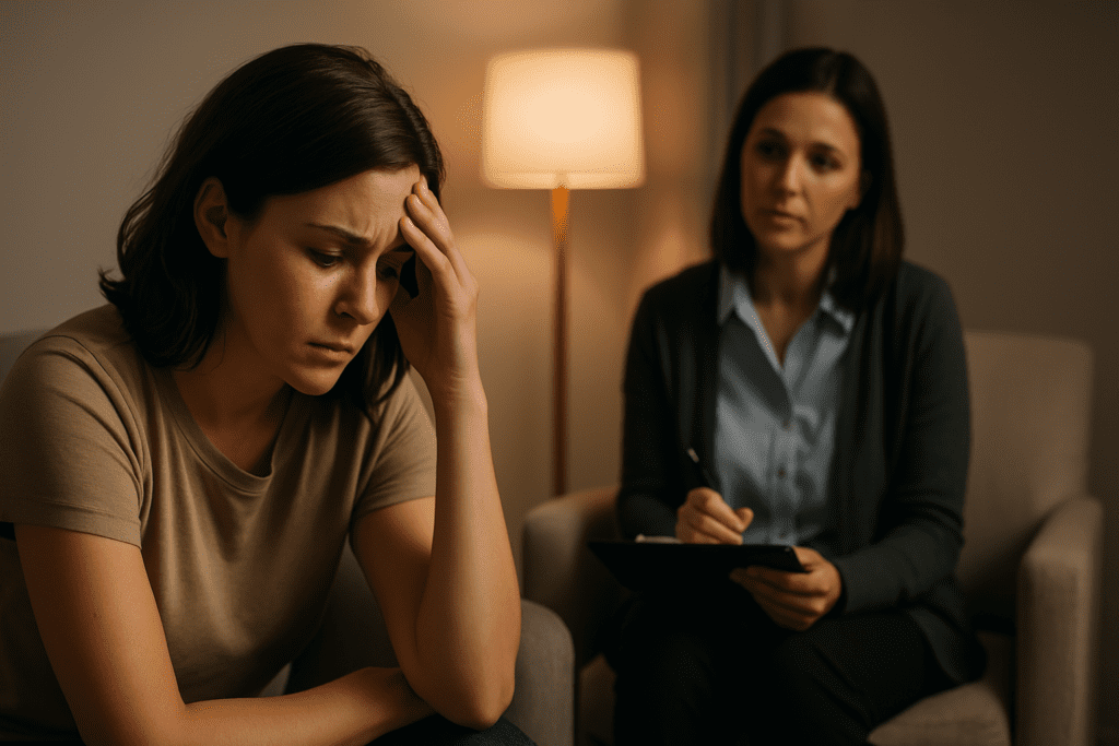 A therapy session shows a light-skinned woman with ADHD seated on a gray couch, her hand resting on her forehead as she reflects deeply. The therapist, a compassionate woman, is taking notes while sitting upright, with warm light from a floor lamp casting a calm ambiance in the softly lit room.