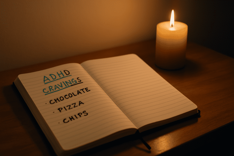 An open journal on a wooden table displays a handwritten list titled "ADHD CRAVINGS," including "CHOCOLATE," "PIZZA," and "CHIPS." The warm glow from a nearby candle highlights the textured pages, while the blurred background creates a soft contrast.