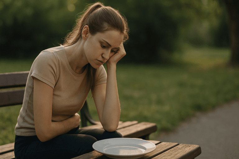 A young woman sits alone on a wooden park bench in the soft glow of late afternoon light. Her expression is thoughtful and weary as she gazes at an empty plate, with warm sunlight highlighting her profile against a peaceful, blurred green backdrop.
