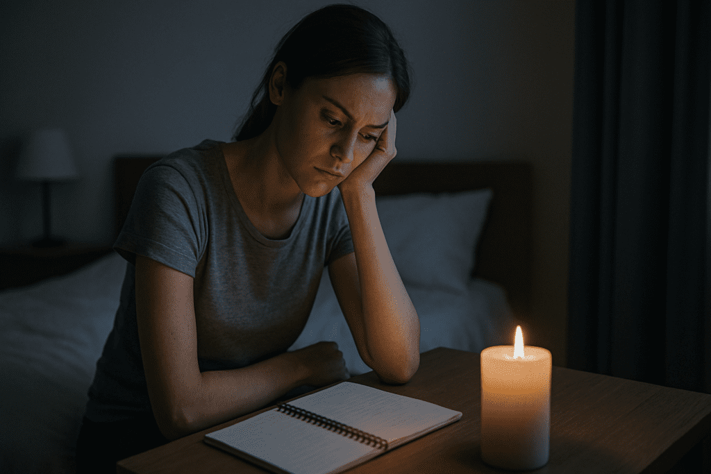 A quiet, dimly lit bedroom at night features a young woman sitting at a wooden table, deep in thought. Soft candlelight illuminates her face as she gazes intently at an open notebook, while the background hints at an unmade bed and a dark curtain draped over the window.