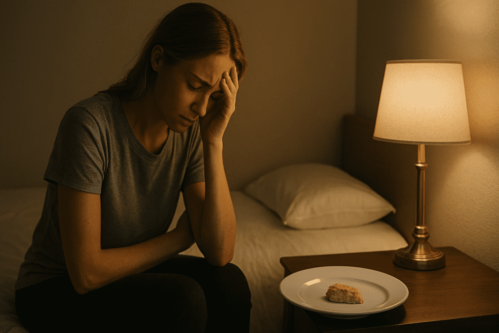 A young woman sits on a bed in a dimly lit room, her expression tense and reflective as she stares at a plate of chicken on a nightstand. Soft, warm light from a nearby lamp casts gentle shadows while highlighting her features, set against a serene, neutral backdrop of bedding and a beige wall.