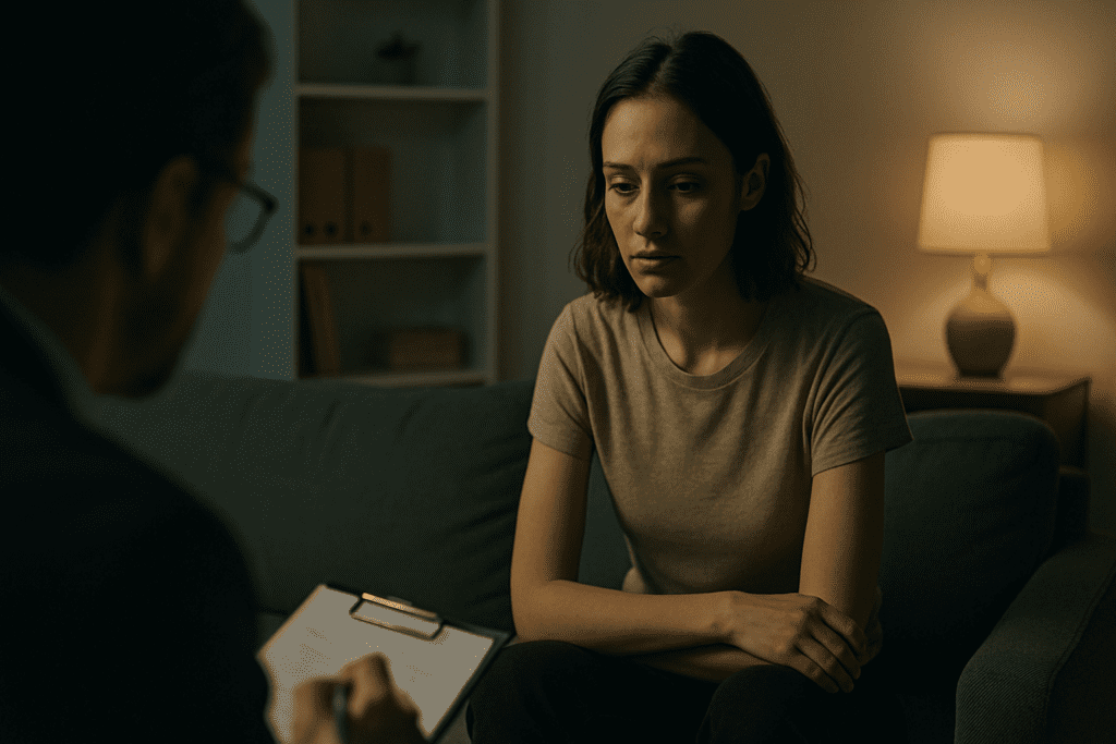 In an intimate and softly lit therapy session, a young woman sits on a gray sofa, her expression one of deep thought and unease, while the therapist, partially visible, observes from the foreground. The warm, subdued lighting and delicate details, like the glowing lamp and minimalist bookshelf, create a calm yet introspective atmosphere.
