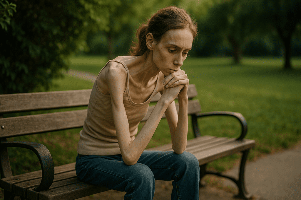 Anorexia Before and After: Understanding the Journey of Eating Disorder Recovery Through Nutrition and Lifestyle Support 3 A young woman sits alone on a weathered bench in a park surrounded by lush greenery, her gaze downward in quiet reflection. The soft sunlight filtering through the trees highlights her contemplative mood, emphasizing the journey of recovery.