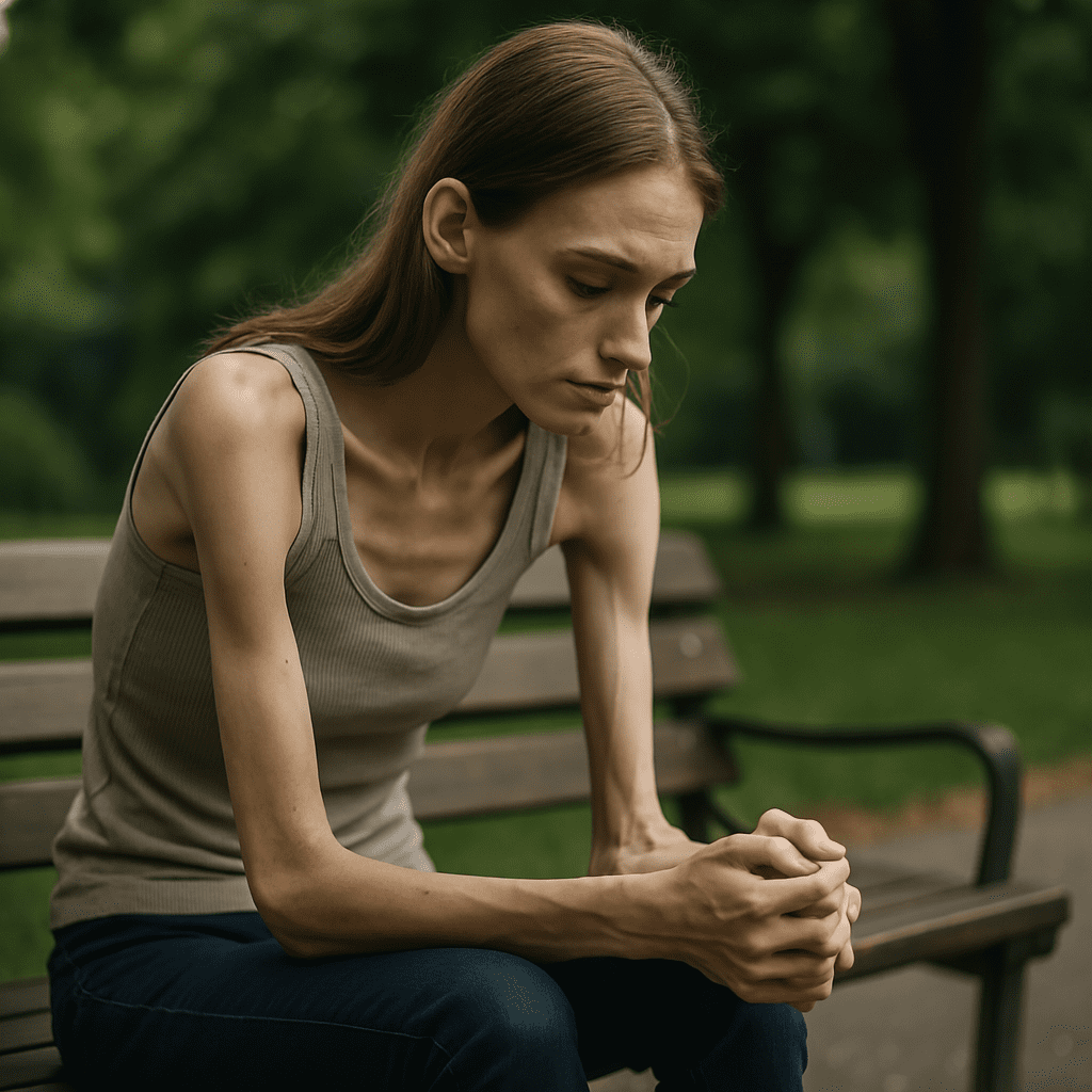 Anorexia Before and After: Understanding the Journey of Eating Disorder Recovery Through Nutrition and Lifestyle Support 2 A young woman with light brown hair sits on a wooden bench in a tranquil park, dressed in casual clothing. Her thoughtful expression and posture convey quiet contemplation as sunlight softly illuminates the serene, green surroundings.