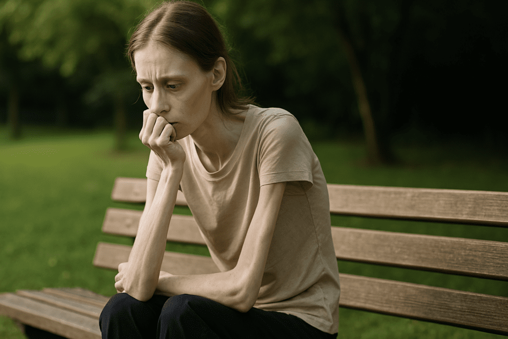 Anorexia Before and After: Understanding the Journey of Eating Disorder Recovery Through Nutrition and Lifestyle Support 1 A thin young woman with shoulder-length light brown hair sits thoughtfully on a wooden bench in a peaceful park, surrounded by lush greenery. Her posture and expression suggest a moment of introspection as she reflects on her journey.