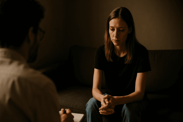 A young woman sits in a softly lit room on a dark sofa during a therapy session, her focus downward and expression solemn. The warm indoor lighting highlights the emotional depth of the moment, with the therapist’s silhouette faintly visible in the background.