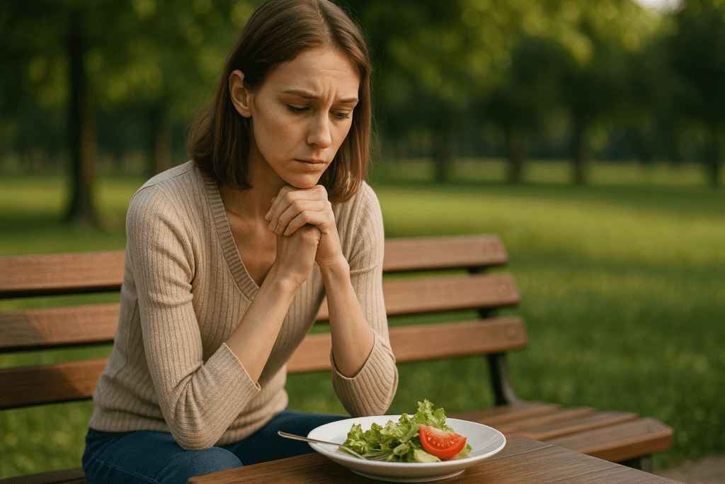 A young woman with light skin sits on a wooden bench in a park during late afternoon, looking down thoughtfully at a simple salad on her plate. She wears a beige sweater, with her brown hair loosely framing her face, while the lush greenery around her provides a serene background.
