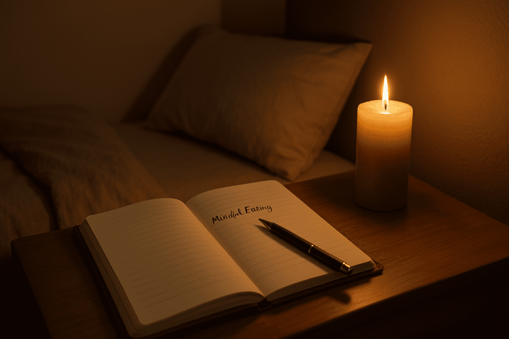 A cozy, softly lit nightstand holds an open "Mindful Eating" journal and a flickering beige pillar candle. The warm glow highlights the pen resting on the page and the muted beige walls and bedding create a tranquil ambiance.