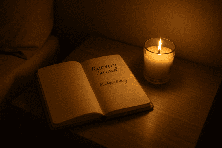 A serene bedroom scene with an open "Recovery Journal" on a wooden nightstand, softly illuminated by a nearby candle. The warm lighting, light wood, and beige tones evoke a peaceful and reflective mood.