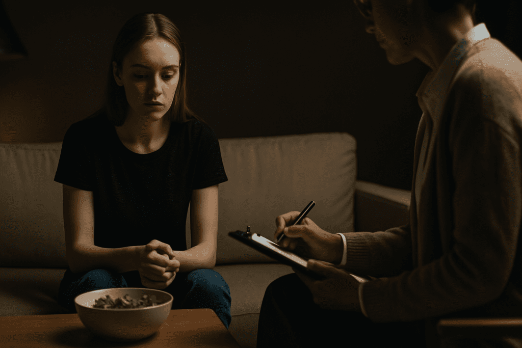 A therapy session focused on eating disorder recovery shows a young woman seated on a simple sofa, concentrating on a bowl of salad. A therapist, partially visible and holding a clipboard, observes her in a dimly lit, warm room illuminated by a floor lamp.