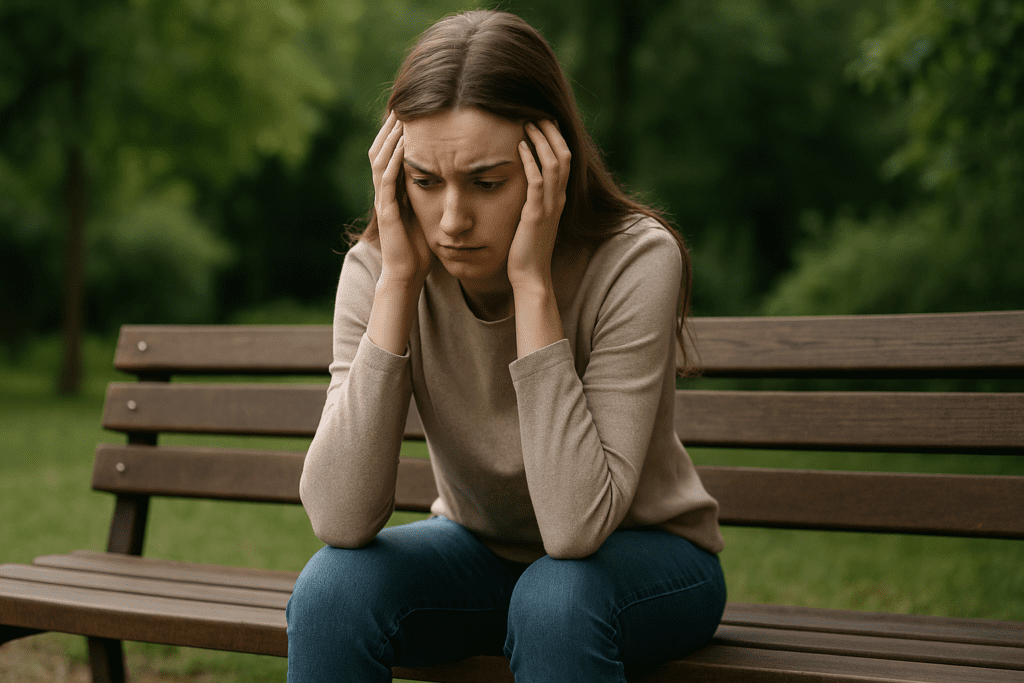 A young woman with long, light brown hair sits alone on a dark wooden park bench, her elbows on her knees, hands gently gripping her temples in a moment of contemplation. Dressed in a beige sweater and blue jeans, her slouched posture contrasts with the lush greenery around her, creating a reflective mood as soft, natural light highlights her downcast expression.