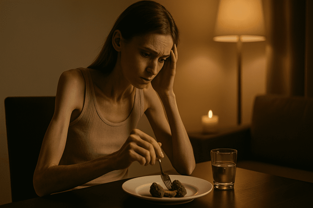 A young Caucasian woman with light brown hair, wearing a beige tank top, sits at a dimly lit table. She gazes downward, holding a fork over a plate of broccoli, while warm light from a candle and nearby lamp softly illuminates the scene, creating a peaceful yet somber atmosphere.