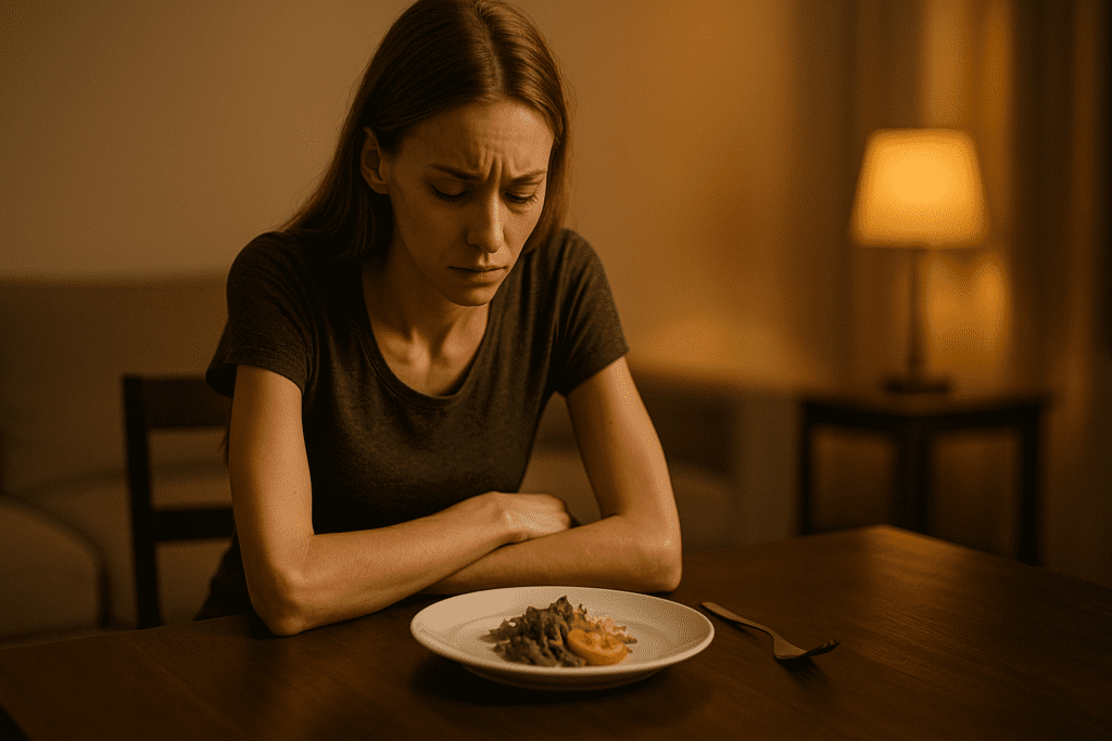 A young woman with pale blonde hair sits alone at a wooden table in a dimly lit room, her gaze fixed on a modest plate of salad. Shadows from a nearby lamp gently highlight her features, as her furrowed expression reveals deep thought or sadness, creating a poignant contrast with the warm, tranquil ambiance that surrounds her.