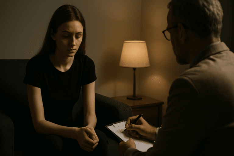 A young woman with straight brown hair and a serious expression sits in a dark room during evening hours. With soft, low lighting casting gentle shadows, she sits in a gray chair next to her therapist—a gray-haired man in a beige blazer—who holds a clipboard, observing her carefully, while the surrounding environment exudes a calm, introspective mood.