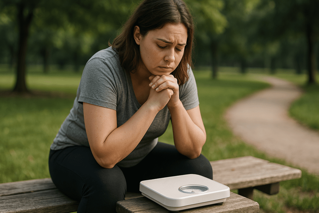 Losing Weight with Anxiety: How Mindful Eating and Stress-Aware Nutrition Can Support a Healthier Lifestyle 3 A young woman with light skin and shoulder-length wavy brown hair sits on a weathered wooden bench in a park during the afternoon. She gazes down at a white bathroom scale with a contemplative expression, her hands clasped together under her chin. The background features soft greenery, reinforcing the theme of mindful reflection and weight management.