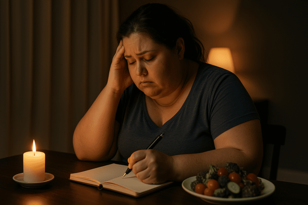 Losing Weight with Anxiety: How Mindful Eating and Stress-Aware Nutrition Can Support a Healthier Lifestyle 2 A contemplative woman sits at a dimly lit table, pen in hand, writing in an open journal. Her expression conveys focus and concern. A plate of colorful vegetables rests nearby, while a softly glowing candle adds warmth to the cozy environment. The scene suggests mindful eating and reflective practice in a calming atmosphere.