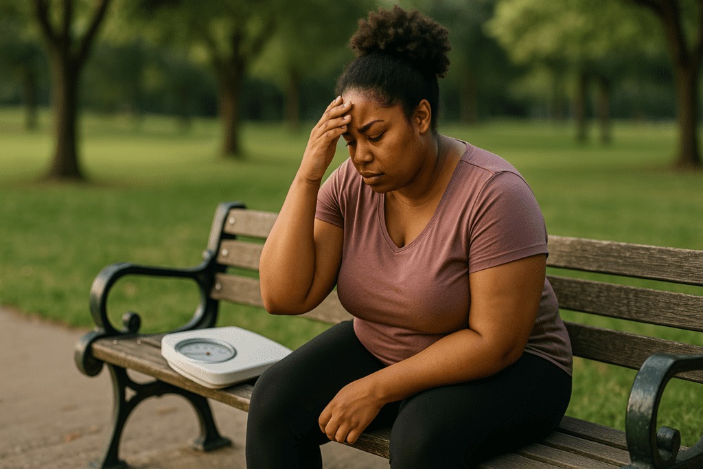 Losing Weight with Anxiety: How Mindful Eating and Stress-Aware Nutrition Can Support a Healthier Lifestyle 1 A young African American woman with a fuller physique sits thoughtfully on a weathered park bench, wearing a mauve T-shirt and black leggings. Her natural hair is styled in a voluminous bun. Beside her, an analog scale rests on the bench, and the serene greenery of the park surrounds her. The afternoon light enhances the atmosphere of self-reflection and awareness.
