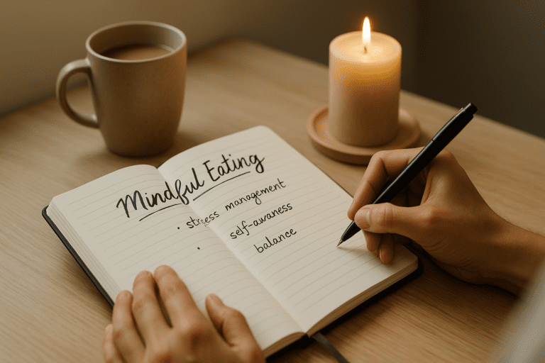An open journal rests on a light wooden surface, its left page displaying the phrase "Mindful Eating" in bold, cursive letters followed by neatly organized bullet points. A partially visible hand holds a slim pen above the journal. A ceramic mug and a flickering candle are nearby, creating a calm and serene atmosphere, evoking themes of intentional eating and self-care.