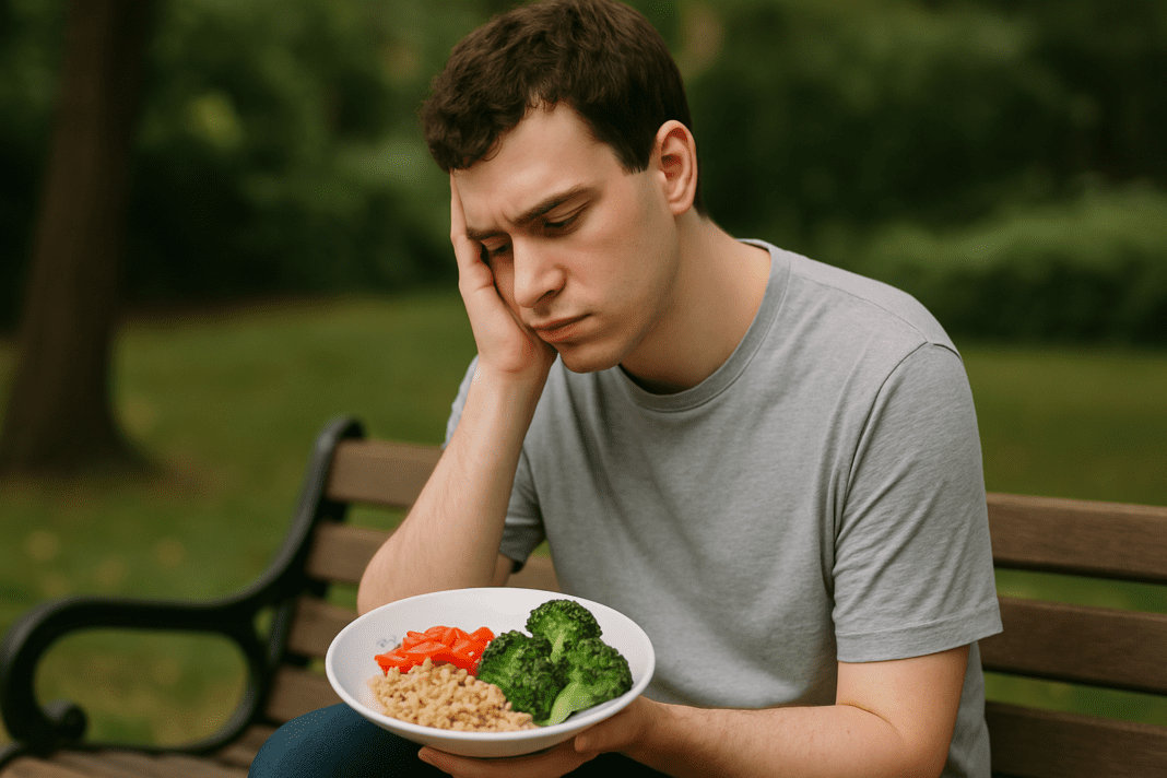 A young man with short, dark curly hair sits on a park bench, seemingly lost in thought as he gazes down at a plate of healthy food resting on his lap. The photo, taken under soft natural light, has a calming atmosphere with the man’s expression reflecting contemplation against the serene greenery of the park.