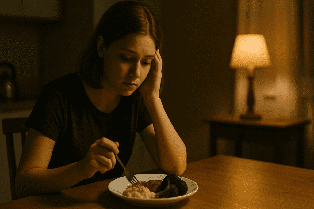 A young woman with light brown hair sits alone at a wooden kitchen table in a softly lit room, her expression pensive as she gazes at a modest meal of mashed potatoes, broccoli, and grilled meat. The warm light from a lamp to her right casts a delicate glow across her face, contrasting with the cool shadows of the dim room, while the blurred background hints at the simple kitchen setting.