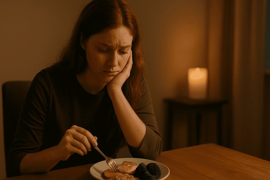 In a softly lit room, a young woman with reddish-brown hair gazes down thoughtfully at her meal—grilled chicken, broccoli, and carrot—while resting her head in her hand. The warm candlelight contrasts with the cool tones of the space, highlighting her calm, introspective mood as she sits slightly off-center, immersed in the quiet evening ambiance.