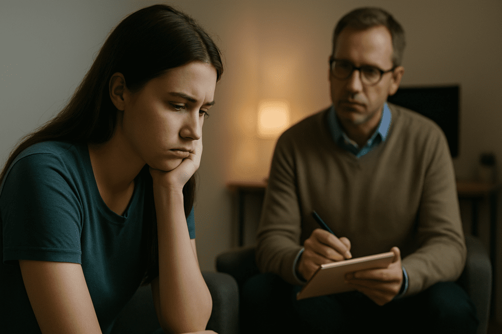 The image captures a young woman in her mid-twenties, her dark brown hair cascading over her shoulder as she sits in a therapy session, slumped with a pensive expression. Across from her, the therapist, a man in his forties with light brown hair and glasses, sits attentively, holding a notepad and pen, while the soft, subdued lighting creates an intimate, reflective atmosphere in the minimalist office.