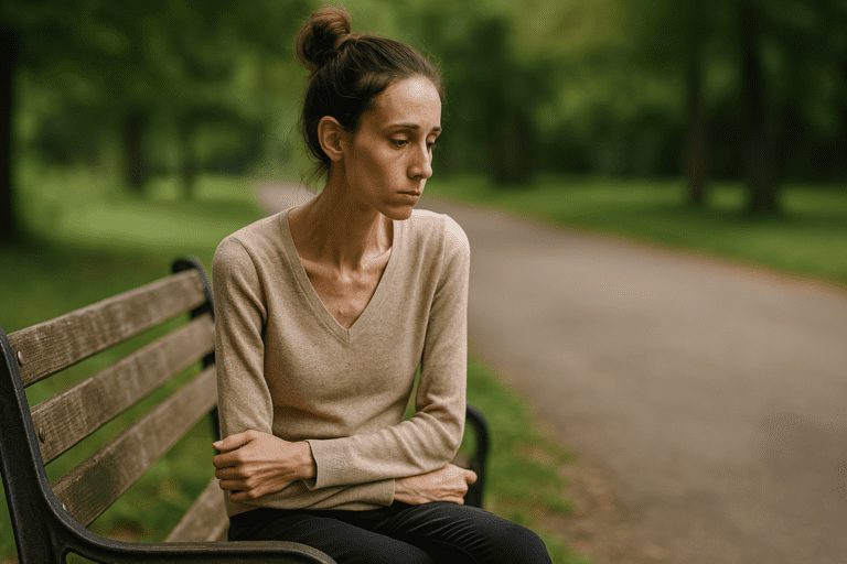 A young woman with a slender frame sits on an aged park bench, her face showing a thoughtful expression as she gazes downward. She is wearing a beige oversized sweater and fitted black pants. Soft sunlight filters through the trees, creating a serene and contemplative atmosphere that aligns with the theme of seeking support for eating disorder recovery.