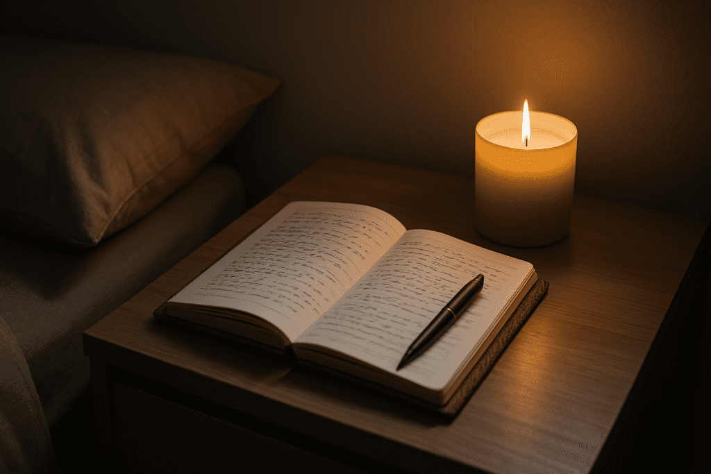 A cozy nighttime scene featuring a well-worn journal resting on a textured fabric cover beside a softly glowing candle. The warm, dim light gently illuminates the area, suggesting introspection and reflection, symbolizing the emotional journey involved in anorexia recovery.