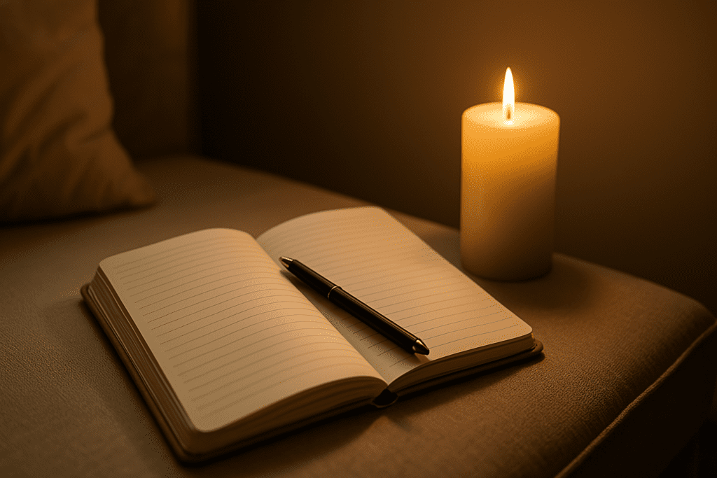 An open notebook with lined pages resting on a beige textured surface, accompanied by a black pen placed diagonally across its pages. A lit ivory candle nearby casts a warm glow, evoking a calm and thoughtful atmosphere that hints at journaling or self-reflection as part of the healing process.