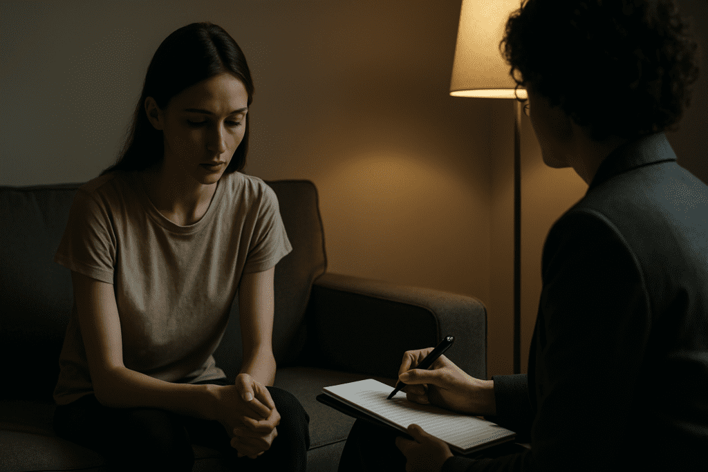 A young woman with a solemn expression sits on a gray couch during a therapy session for anorexia recovery. The dimly lit room highlights her fragile appearance, while a therapist, partially visible, takes notes, emphasizing the importance of professional support in the recovery journey.