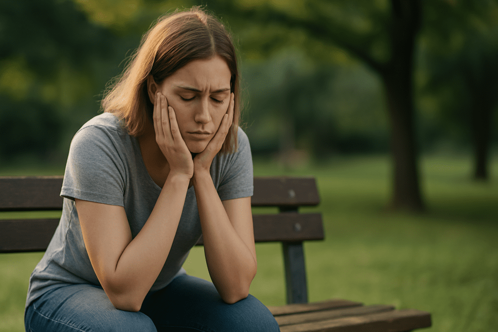 Why You Might Be Binge Eating at Night: Understanding Night Eating Syndrome and How to Manage It Naturally 3 A young Caucasian woman with shoulder-length light brown hair sits alone on a wooden bench in a park during the late afternoon or early evening. She rests her elbows on her thighs and presses her hands gently to her cheeks, her eyes closed in deep thought. The background shows a softly blurred green park with warm sunlight casting a glow over the serene scene.