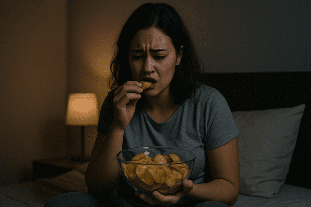 Why You Might Be Binge Eating at Night: Understanding Night Eating Syndrome and How to Manage It Naturally 2 A young Caucasian woman with shoulder-length brown hair sits on her bed at night, snacking on potato chips while immersed in her thoughts. The dim glow from a bedside lamp softly illuminates her face and the surrounding space, creating a warm, cozy atmosphere. She holds a glass bowl filled with chips in one hand while taking a bite with the other.