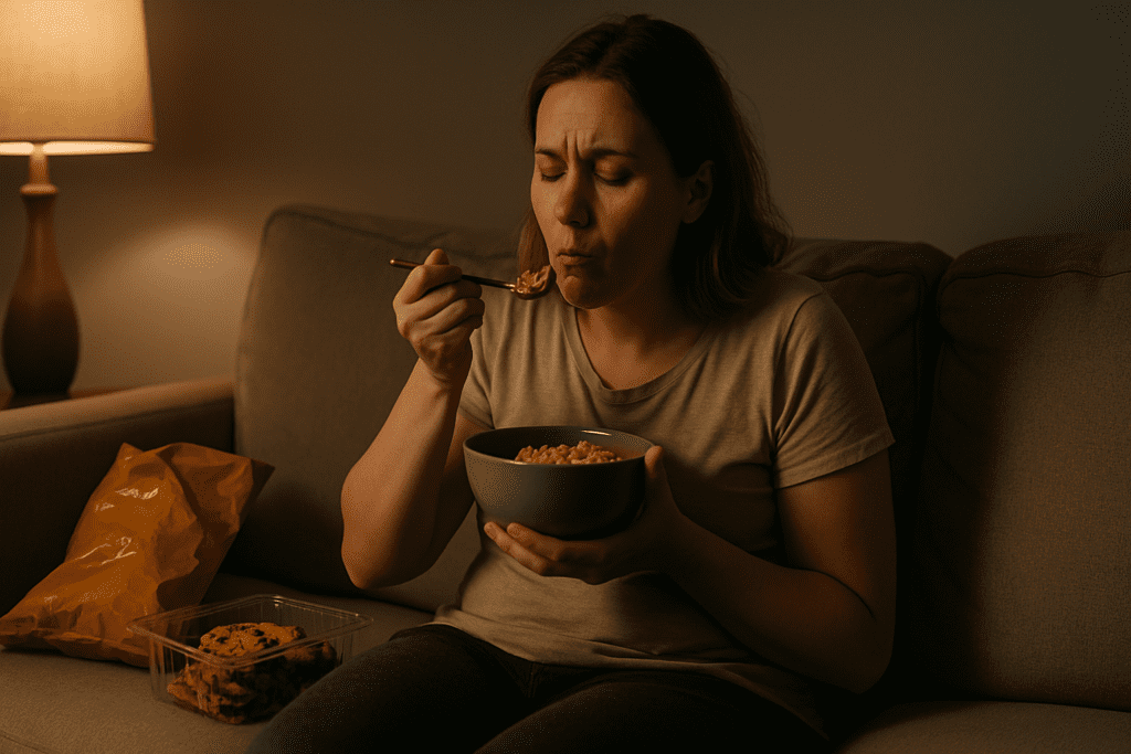 A young woman with light skin and shoulder-length messy brown hair sits on a beige couch in a dimly lit living room. She enjoys a bowl of macaroni and cheese while surrounded by comfort snacks, including chocolate chip cookies and potato chips, placed nearby. The scene is bathed in the warm glow from a nearby lamp, creating a cozy and reflective ambiance.