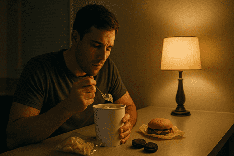 A young man with short dark hair sits alone at a kitchen counter late at night, eating ice cream straight from the tub. His gaze is directed downward, with a slightly furrowed brow, suggesting deep thought. The scene is lit by a warm lamp, and the counter holds other comfort foods such as chips, a wrapped burger, and cookies, adding to the feeling of nighttime indulgence.