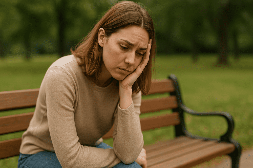 A young woman with light brown shoulder-length hair sits on an aged wooden park bench, lost in deep thought. She is wearing a cozy beige sweater and jeans, with her gaze cast downward and her expression reflecting contemplation. The softly blurred park surroundings with greenery create a calm, introspective atmosphere, reinforcing the theme of emotional reflection.