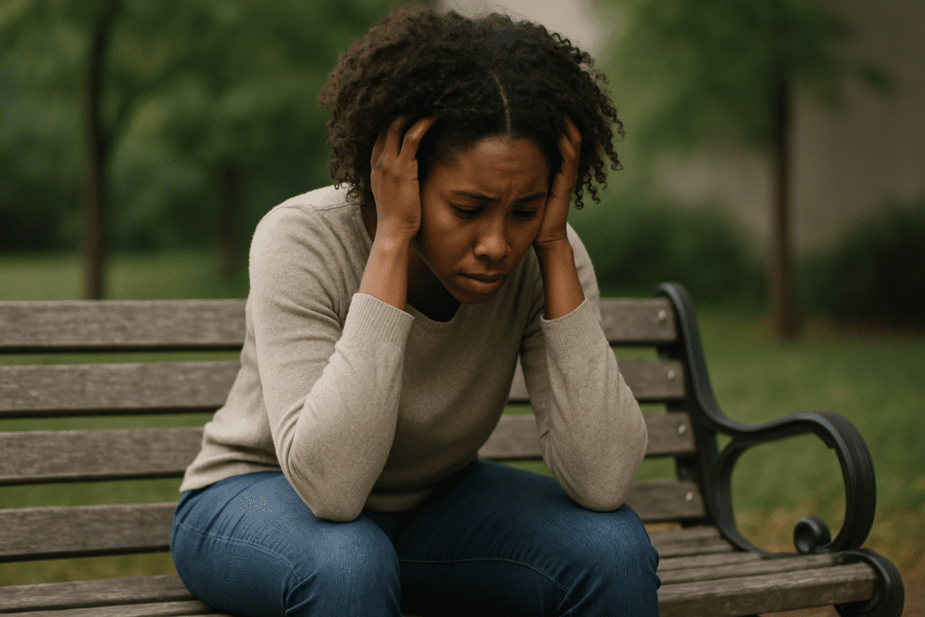 A young African American woman with medium brown skin sits alone on a rustic wooden bench, her posture hunched and her head resting in her hands. Dressed in a beige sweater and blue jeans, she appears lost in thought. The background features a peaceful park with trees and sunlight filtering through the leaves, capturing a moment of quiet introspection and emotional struggle.