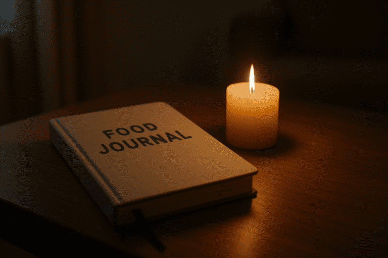 A closed journal with a beige textured cover lies on a wooden surface, accompanied by a lit pale yellow candle beside it. The candle casts a soft, flickering light that creates a warm and reflective atmosphere. The background is softly blurred, emphasizing the symbolic connection between journaling and self-reflection, particularly in the context of emotional struggles.