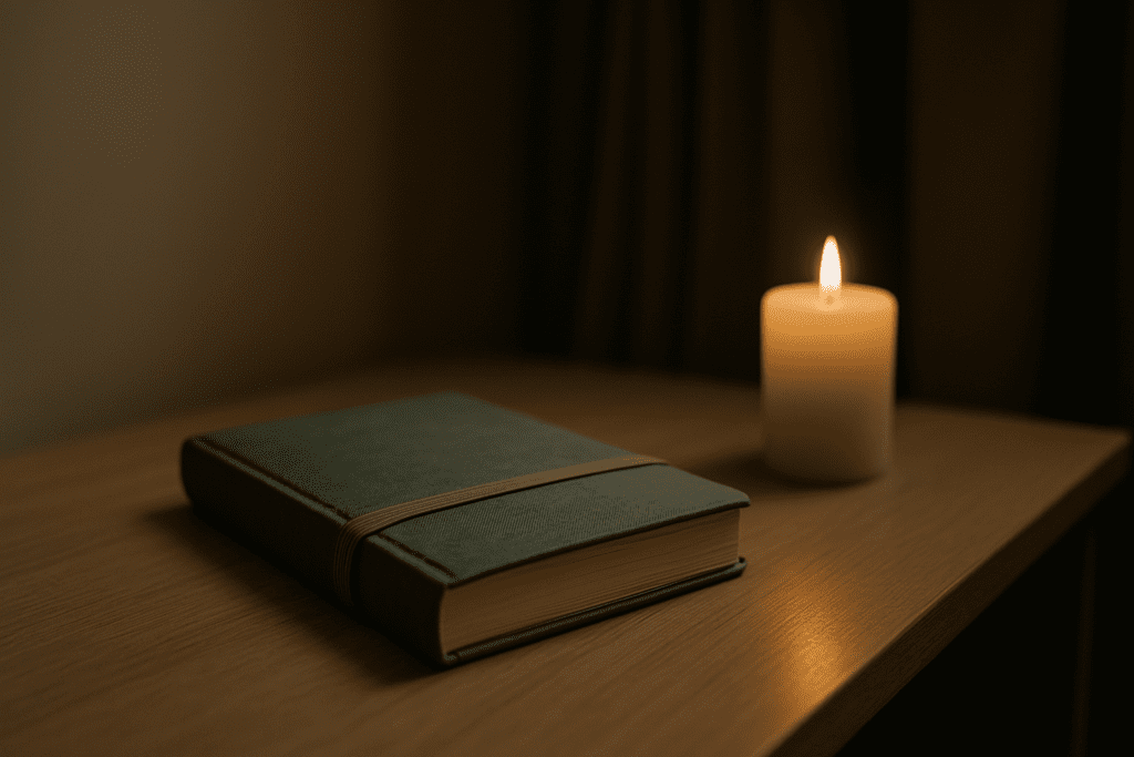A muted teal journal rests on a light wooden surface, illuminated by the soft glow of an off-white pillar candle placed beside it. The shallow depth of field keeps the journal and candle in sharp focus while the softly blurred, darker background enhances the warmth and intimacy of the scene. The peaceful atmosphere suggests a moment of quiet reflection and introspection.