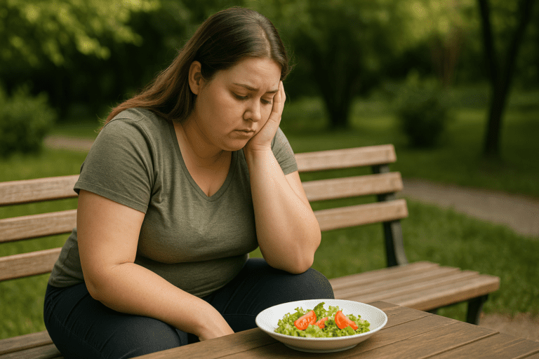 A young woman with light brown hair sits on a weathered wooden bench in a park, gazing at a colorful salad in her hands. The soft sunlight and lush greenery around her evoke a calm and contemplative mood, reflecting mindfulness about her food choices.