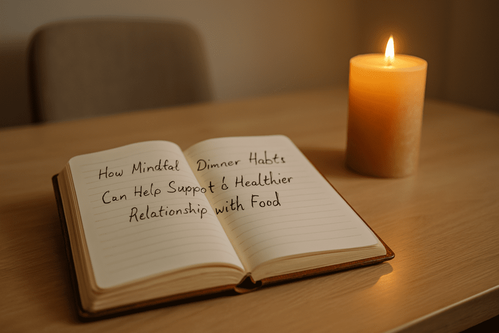 An open notebook with cream-colored pages and handwritten text rests on a light wooden table. A softly glowing candle nearby casts a warm light, with a blurred background featuring a beige chair and an off-white wall, creating a serene and reflective atmosphere.