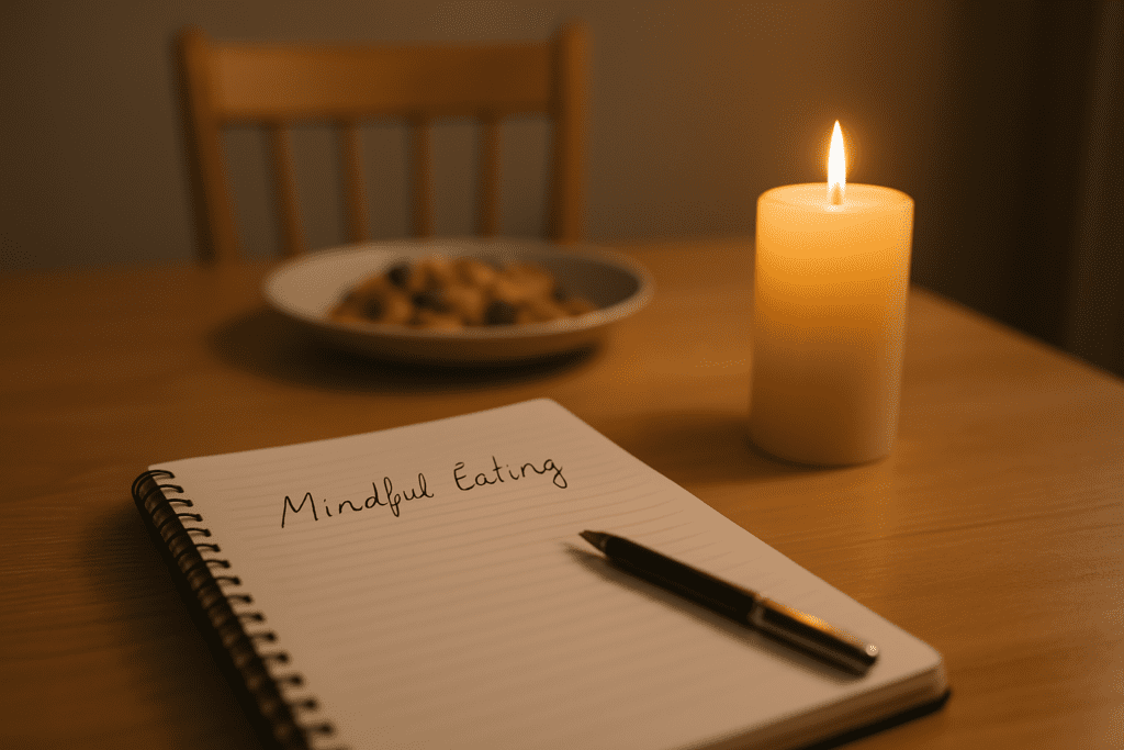 A close-up view of a notebook labeled "Mindful Eating" lies next to a softly glowing candle on a wooden dining table. The warm light of the candle highlights a black pen and a plate of food in the blurred background, conveying a peaceful, evening setting that encourages thoughtful eating habits.