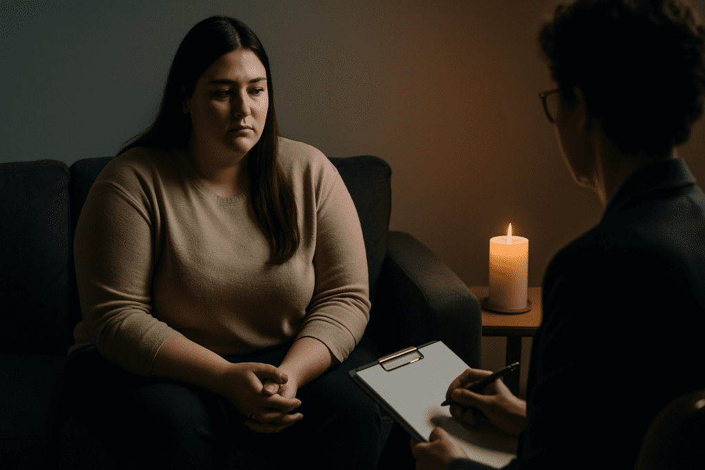 A young woman sits thoughtfully on a dark gray sofa in a dimly lit room during a therapy session. Wearing a beige sweater and black pants, her expression shows quiet reflection as her therapist, partially visible with a clipboard and pen, observes her from across the room.